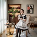 Adult Maid Costume Black Dress with White Ruffled Apron Collar and Furry Cuffs Polyester Black and White For Cosplay and Parties 9