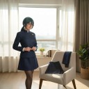 Adult School Uniform Costume Dark Blue Jacket with Stand-Up Collar and Skirt Green Wig with Pigtail Glasses and Tights Polyester 9