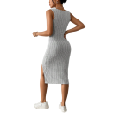 Afslappet ribbet strikket kjole Knælang kjole Bodycon kjole med høj slids og brede stropper Dame afslappet kjole 2