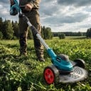 Akumulátorová sekačka na trávu 9 palců s nastavitelnou hlavou, 18–21V bezkartáčový motor, teleskopická tyč 120 cm, modrá, pro zahradu 12