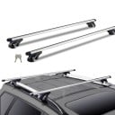 Alumiiniset kattotelineet 1370 x 72 x 106 mm Lukittavat säädettävät korotetuille pitkittäisille raidoille Kantavuus 90 kg Aerodynaamiset telineet 1