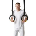 Anéis de ginástica 17,5 x 2,5 cm par com correia curta de 0,5 m em estado dobrado pretos com fita amarela para barra, escada e exercícios em casa 2