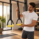 Anéis de ginástica triangulares 14 x 11 cm par com correias longas de 3 m e fivela pretos com fita amarela para agarrar para calistenia e puxadas 8
