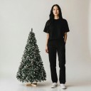 Árbol de Navidad artificial Nevado Con piñas artificiales Plegable Altura 150 cm Base de madera 40 cm Verde y blanco Decoración para el hogar 4