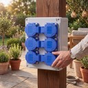 Armadio da parete esterno impermeabile con 6 prese EU 16A 220V ABS grigio con prese blu 200×150×100 mm per garage e ricarica auto 6