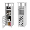 Armario de baño estrecho 78 x 22 x 22 cm con puertas con patrón de rejilla y dos compartimentos abiertos con recortes decorativos en color blanco 1