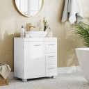 Armário de casa de banho para lavatório 30 x 60 x 64 cm com pés, portas e três gavetas com puxadores prateados em branco brilhante 2