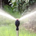 Aspersor trípode con altura ajustable y cabezal de pulverización de 360° para riego de jardines. 5