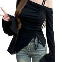 Asymmetrisk damtopp med långa ärmar och volanger Elegant blus med synliga axlar Justerbar dragsko Sidoveck Snyggt mode 2