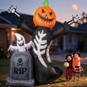 Aufblasbare Halloween-Dekoration Kürbiskopf mit Geist und Grabstein Höhe 2,4 m Mit Beleuchtung EU-Stecker Orange und Schwarz Für den Garten 3