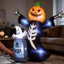 Aufblasbare Halloween-Dekoration Kürbiskopf mit Geist und Grabstein Höhe 2,4 m Mit Beleuchtung EU-Stecker Orange und Schwarz Für den Garten 4
