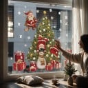 Autocolante de Crăciun pentru feronerie Moș Crăciun și brad decorat Om de zăpadă și cadouri Fulgi albi și simboluri Decorațiuni pentru fereastră 4