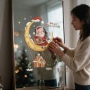Autocollants de Noël pour fenêtre Réutilisables Santa sur un croissant de lune jouant de la guitare Maison et sapins Décoration dorée pour vitrine 3