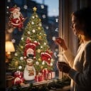 Autocollants de Noël pour fenêtres avec le Père Noël et un sapin décoré Bonhomme de neige et cadeaux Flocons blancs et symboles Décorations 5