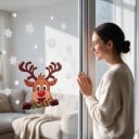 Autocollants de Noël pour fenêtres Renne au nez rouge et écharpe Flocons de neige blancs et points Décoration pour fenêtres et verre Décoration 3