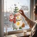 Autocollants de Noël pour fenêtres Réutilisables Bonhomme de neige avec un chapeau en forme d'arbre de Noël et maison en pain d'épice Écriture blanche 2