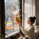 Autocollants de Noël pour fenêtres Réutilisables Santa sur l'échelle vers le croissant de lune avec un renne Arbre arc-en-ciel Décoration dorée 3