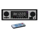 Autoradio i retro stil med bluetooth og fjernbetjening FM radio med 18 forudindstillinger Afspilning af MP3 fra USB og SD-kort AUX indgang 1
