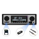 Autorádio v retro štýle s bluetoothom a diaľkovým ovládaním FM rádio s 18 predvoľbami Prehrávanie MP3 z USB a SD karty Vstup AUX Napájanie 12 V 2