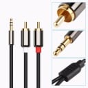 AUX forbindelseskabel 3,5 mm jack delt i to hanstik Til forbindelse af telefon til højttalere Sort kabel med metalhylstre til stik 2
