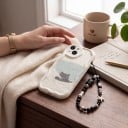 Bagcover med kat til Samsung Galaxy A26 5G Perlekæde til håndled Stærk Beskyttede hjørner og kamera Creme Bølget kant Til daglig brug 5