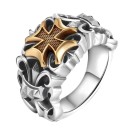 Bague masculine avec croix et lys héraldiques Bague massive de style gothique Combinaison de teintes argentées et dorées Métal patiné 1