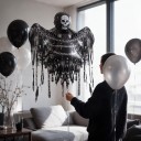 Balão insuflável fantasma com crânio e correntes Decoração de Halloween 100 x 120 cm Balão de folha Preto e cinza Decoração para Halloween 4