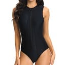 Bañador de una pieza para mujer Color sólido Escote en O Tirantes anchos Cremallera en el escote Poliéster Spandex Bañadores deportivos 1