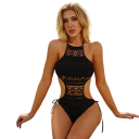 Bañador de una pieza para mujer con tirantes finos, escote en O, de color sólido, de ganchillo, poliéster, spandex, elegante, bañador 3
