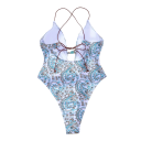 Bañador de una pieza para mujer con tirantes finos escote en V blanco con marcas azules poliéster spandex bañadores de verano elegantes 2