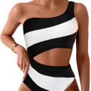 Bañador de una pieza para mujer de un solo hombro asimétrico a rayas de poliéster y spandex moderno para la playa en verano y la piscina 2