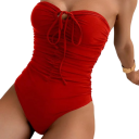 Bañador de una pieza sin tirantes con atadura en el escote, de color sólido, poliéster y spandex, traje de baño de verano para la playa y la piscina 2