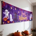 Bandeira de Halloween Happy Halloween com fantasmas e abóboras 200 x 40 cm Poliéster com ilhóses Decoração roxa para cerca e varanda Placa de festa 2
