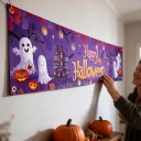 Banner de Halloween Happy Halloween con fantasmas y calabazas 200 x 40 cm Poliéster con ojales de metal Decoración morada para valla y porche Cartel 4