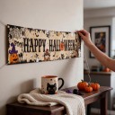 Banner di Halloween Happy Halloween con zucche e fantasmi 200 x 40 cm Poliestere con occhielli in metallo Decorazione beige per recinzione e veranda 2