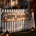 Bannière d'Halloween Joyeux Halloween avec des citrouilles et des fantômes 200 x 40 cm Polyester avec œillets en métal Décoration beige pour clôture 4