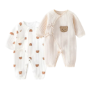 Barnoverall i bomull med lång ärm och nalle Unisex pyjamas för småbarn V-ringning Med knappar och rosetter Enfärgad i olika färger 3