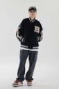 Baseball jacket for women and men with patches of the letter B and bones Loose fit and shiny sleeves Striped ribbed collar and hem Polyester 4