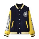 Baseball jacket with contrasting sleeves Patches and graphics with inscriptions Fastens with press studs Striped ribbed trims Polyester 1