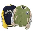Baseball jacket with contrasting sleeves Patches and graphics with inscriptions Fastens with press studs Striped ribbed trims Polyester 3