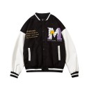 Baseball Jacket with Embroidered Potted Flower on the Back White Sleeves Patch with Letter M Striped Trims Cotton and Polyester 1