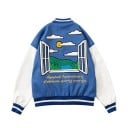 Baseballjakke med hvide ærmer Broderede skrifter og applikation med bogstavet H Broderi af landskabet på ryggen Trykknaplukning Polyester 4