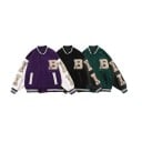 Baseballová bunda pre ženy aj mužov s nášivkami písmena B a kostí Voľný strih a lesklé rukávy Pruhovaný žebrovaný golier aj lem Polyester 3