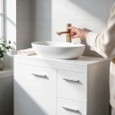 Bathroom Cabinet Under Sink 30 x 60 x 64 cm on Legs with Doors and Three Drawers with Silver Handles in Glossy White 5