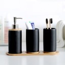 Bathroom Set in Ceramic and Wood 4 pcs Soap Dispenser with Pump Two Cups for Toothbrushes and Shared Stand 4