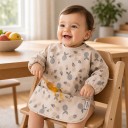 Bavoir imperméable pour enfants avec manches longues et imprimé d'ananas, bavoir beige pour tout-petits avec poche et bouton-pression au cou 2