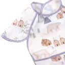 Bavoir pour enfant pour chaise haute 30 x 25 cm Blanc avec des ours polaires et des maisons en bois Manches sur les épaules Bord bleu-gris et poche à miettes 3