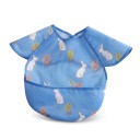 Bavoir pour enfants avec manches 30 x 25 cm Bleu avec des lapins blancs et des feuilles colorées Protection sur les épaules Poche pour miettes et bord inférieur arrondi 2