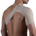 Beige elastisk skulder- og øvre rygstøtte. Åndbar støtte med justerbare stropper. Velegnet til både venstre og højre skulder i tilfælde af smerter og skader. 2