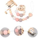 Beißring aus Silikon mit Schnullerkette Perlen aus Holz und Silikon Spielzeug für Babys von 0-36 Monaten Beruhigendes Armband und Beißring 5